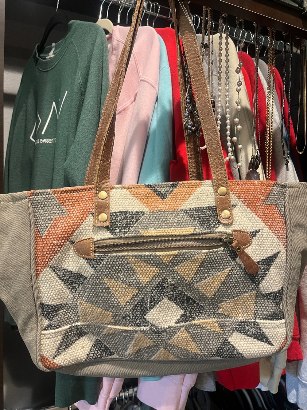 Myra Bag Geometric Tribal Canvas Tote in Beige, Tan & Orange